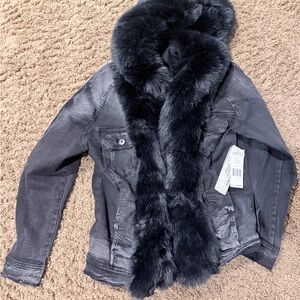 Jordan Craig Charcoal Denim Jacket with Black Faux Fur trim new with tags